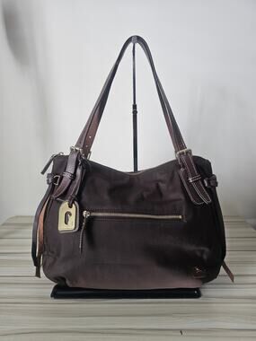 Dooney & Bourke Dark Brown Nylon Leather Shoulder Bag with Gold-Tone Hardware